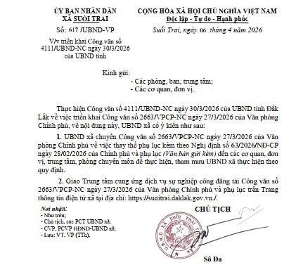 V/v triển khai Công văn số 4111/UBND-NC ngày 30/3/2026 của UBND tỉnh
